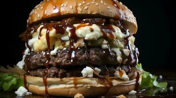 ein groß Hamburger mit Käse und Fleisch auf oben ai generativ foto