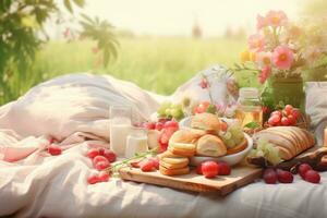 Frühling Picknick aufstellen. generativ ai foto