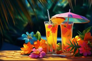 tropisch Cocktail Party mit Getränke und Handtücher. generativ ai foto