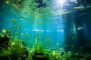 ein unter Wasser Aussicht von Wasser- Pflanzen gedeihen im ein klar Teich. generativ ai foto