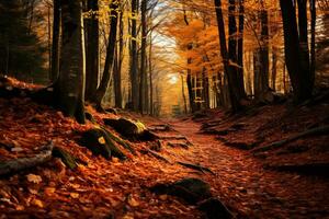 Herbst Blätter Decke das Wald Boden. generativ ai foto