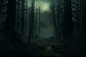 dunkel Wald mit hoch aufragend Bäume. generativ ai foto