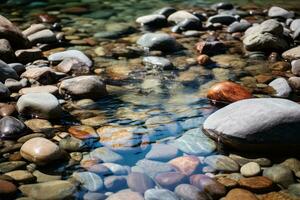 felsig Flussbett mit poliert Steine. generativ ai foto