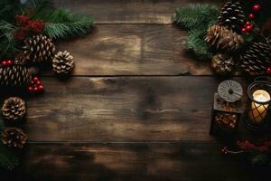 rustikal Weihnachten Flatlay mit Kiefernzapfen. generativ ai foto