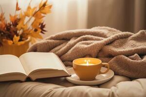 gemütlich Leben Zimmer mit Tee und Buch. generativ ai foto