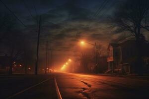 Nachtzeit Straße mit Straßenlichter. generativ ai foto