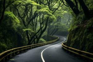 Wicklung Straße in das Wald. generativ ai foto