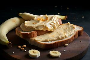 Cashew Butter auf Banane Scheibe. generativ ai foto