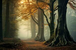 Nebel umhüllt still Herbst Wald. generativ ai foto