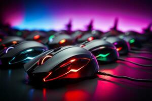 Spieler meistern Präzision Zielen mit rgb zündete Maus. generativ ai foto