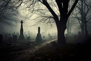 bedrohlich Nebel kriechend durch ein Friedhof. generativ ai foto