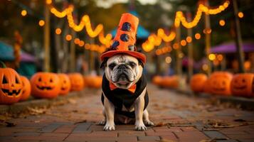 spielerisch Porträt von ein Hund tragen ein Kostüm im ein Halloween Haustier Parade. generativ ai foto