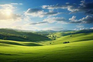 sonnendurchflutet Wiese und rollen Hügel heiter natürlich Landschaft. generativ ai foto