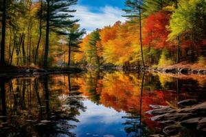 reflektierend Teich mit beschwingt fallen Farben. generativ ai foto