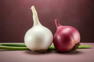 Schuss von Zwiebel und Knoblauch auf einfach Hintergrund ai generativ foto