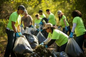 Gemeinschaft Freiwillige sauber oben Müll zum ein sauber Umgebung ai generativ foto