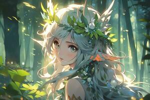 ai generativ Wald Elf mit Flügel und schön Augen im Anime Stil foto