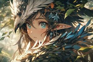 ai generativ Wald Elf mit Flügel und schön Augen im Anime Stil foto