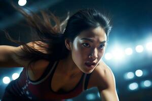 ai generativ entschlossen asiatisch weiblich Athlet im Aktion beim ein Sport Arena unter beschwingt Stadion Beleuchtung foto