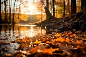 ai generativ von ein heiter Herbst Landschaft golden Blätter Startseite das Boden foto