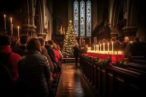 ai generativ zauberhaft Bild von ein Kirche Mitternacht Weihnachten Bedienung foto