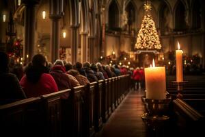 ai generativ zauberhaft Bild von ein Kirche Mitternacht Weihnachten Bedienung foto