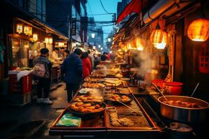 ai generativ Bild von ein geschäftig japanisch Straße Essen Markt foto