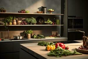 ai generativ Bild von modern Küche mit Gemüse auf Küche Tabelle foto