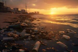 Sonnenuntergang Über verschmutzt Küste offenbart Umwelt Beschädigung ai generativ foto
