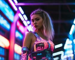 ein Foto von ein Mädchen im ein neonbeleuchtet Cyberpunk Kleidung im ein futuristisch Stadtbild beim Nacht ai generativ