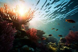 ai generativ von ein Schule von bunt Fisch Schwimmen um ein Koralle Riff foto