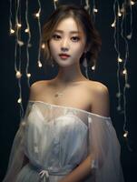 ai generativ schön asiatisch Mädchen tragen Glanz Weiß Kleid foto