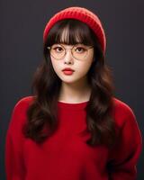 ai generativ schön asiatisch Mädchen tragen rot Sweatshirt Brille und Hut foto