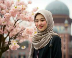 ai generativ schön asiatisch Muslim Mädchen tragen Hijab foto