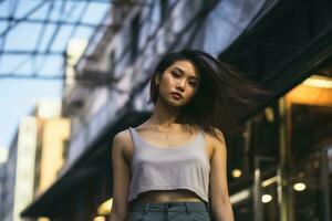 schön asiatisch Mädchen auf trandy beiläufig Outfit ai generativ foto