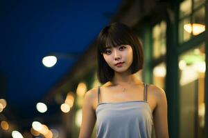 schön asiatisch Mädchen auf trandy beiläufig Outfit ai generativ foto