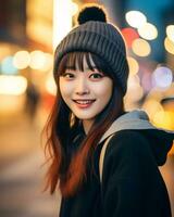 ein heiter Koreanisch Mädchen tragen Kapuzenpullover und stricken Hut ai generativ foto