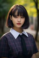 schön asiatisch Schule Mädchen mit zart Gesicht ai generativ foto