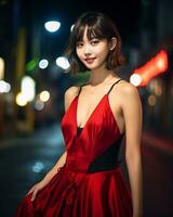 schön asiatisch Mädchen tragen Glanz Seide Kleid ai generativ foto