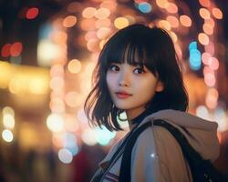 schön asiatisch Mädchen im modisch Outfit ai generativ foto