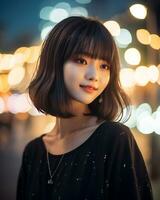 schön asiatisch Mädchen im modisch Outfit ai generativ foto