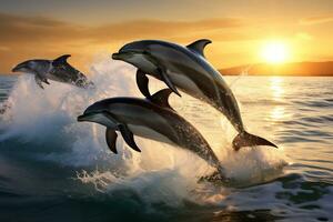 Delfin Springen beim Sonnenuntergang im das Ozean ai generativ foto