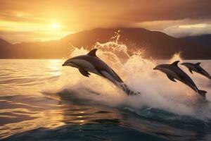 Delfin Springen beim Sonnenuntergang im das Ozean ai generativ foto