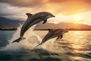 Delfin Springen beim Sonnenuntergang im das Ozean ai generativ foto