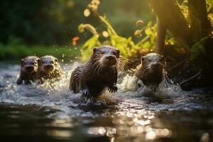 Gruppe von spielerisch Otter Schwimmen im das Fluss ai generativ foto