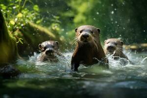 Gruppe von spielerisch Otter Schwimmen im das Fluss ai generativ foto