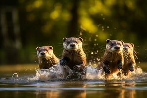 Gruppe von spielerisch Otter Schwimmen im das Fluss ai generativ foto