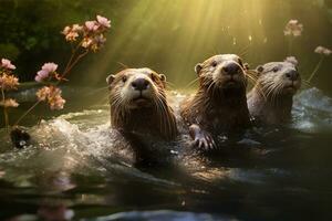 Gruppe von spielerisch Otter Schwimmen im das Fluss ai generativ foto