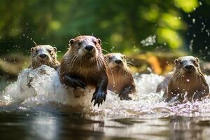 Gruppe von spielerisch Otter Schwimmen im das Fluss ai generativ foto