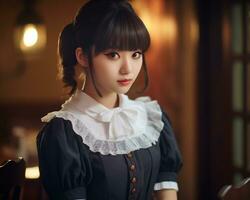 süß asiatisch jung Mädchen gekleidet im lolita Maid Kleid ai generativ foto